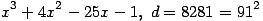 x^3+4x^2-25x-1,\; d=8281=91^2 ...(333.1)